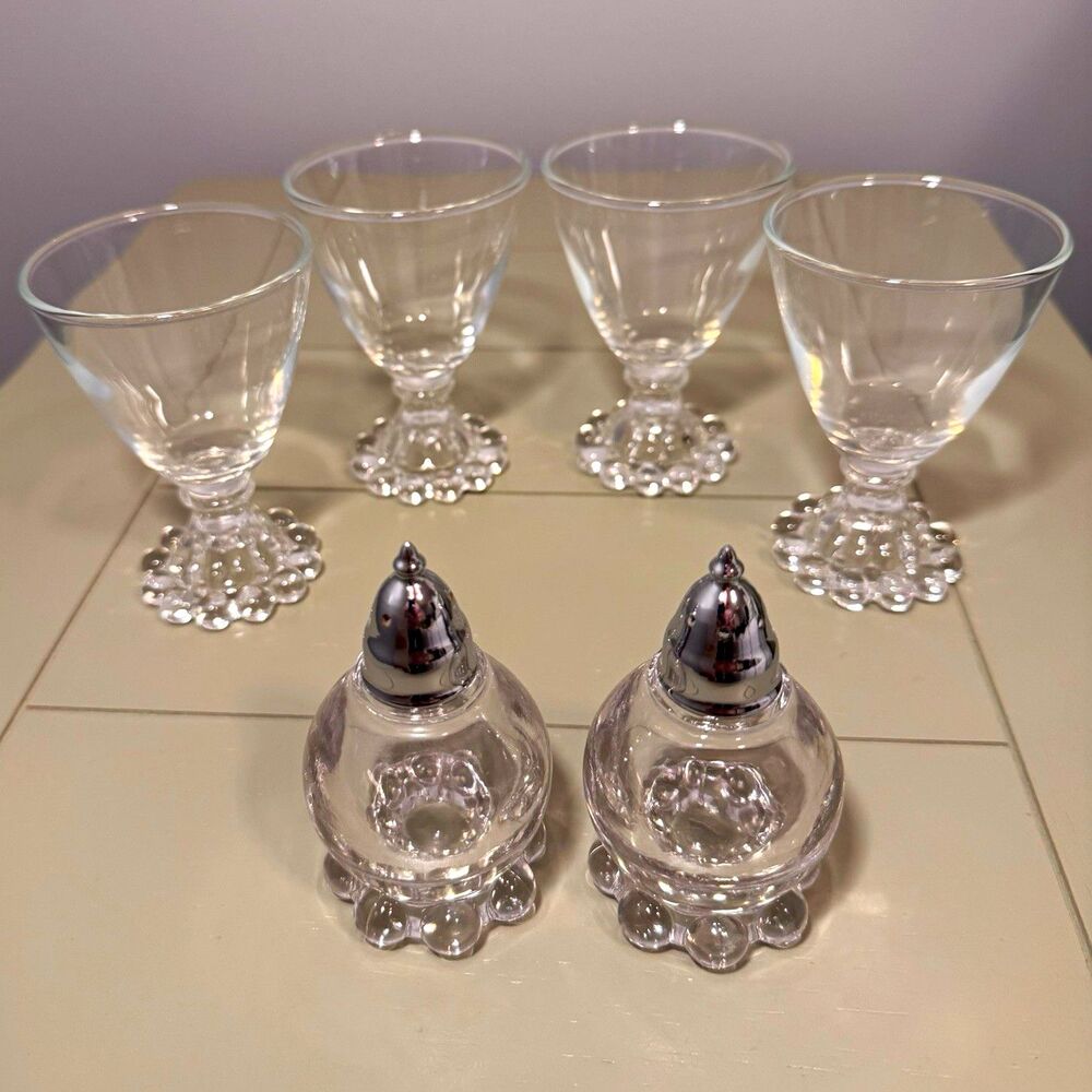 4 Vintage Boopie Berwick Liqueur Glasses and salt and pepper shakers